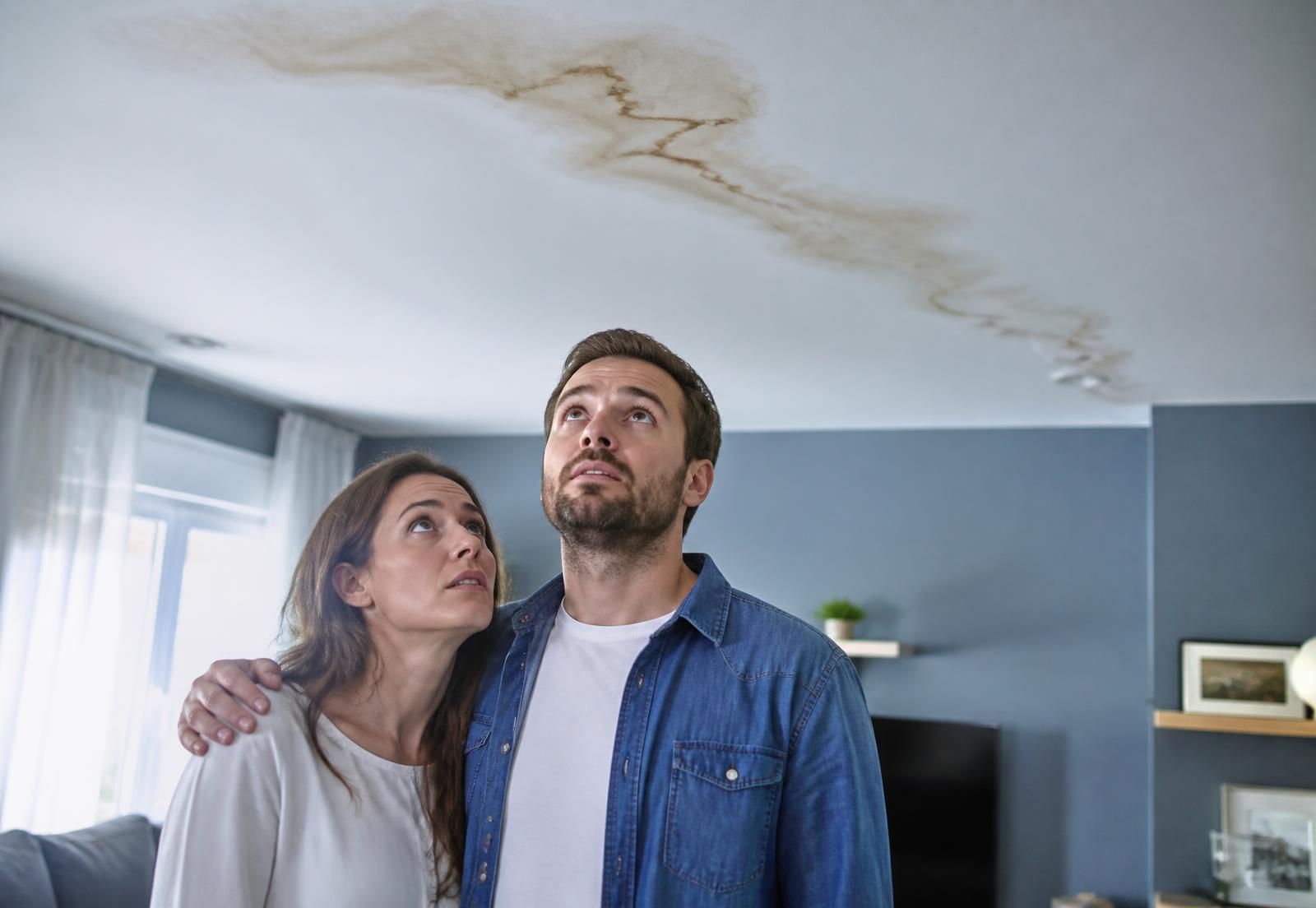 Homeowners looking at a water stain spreading across their living room ceiling