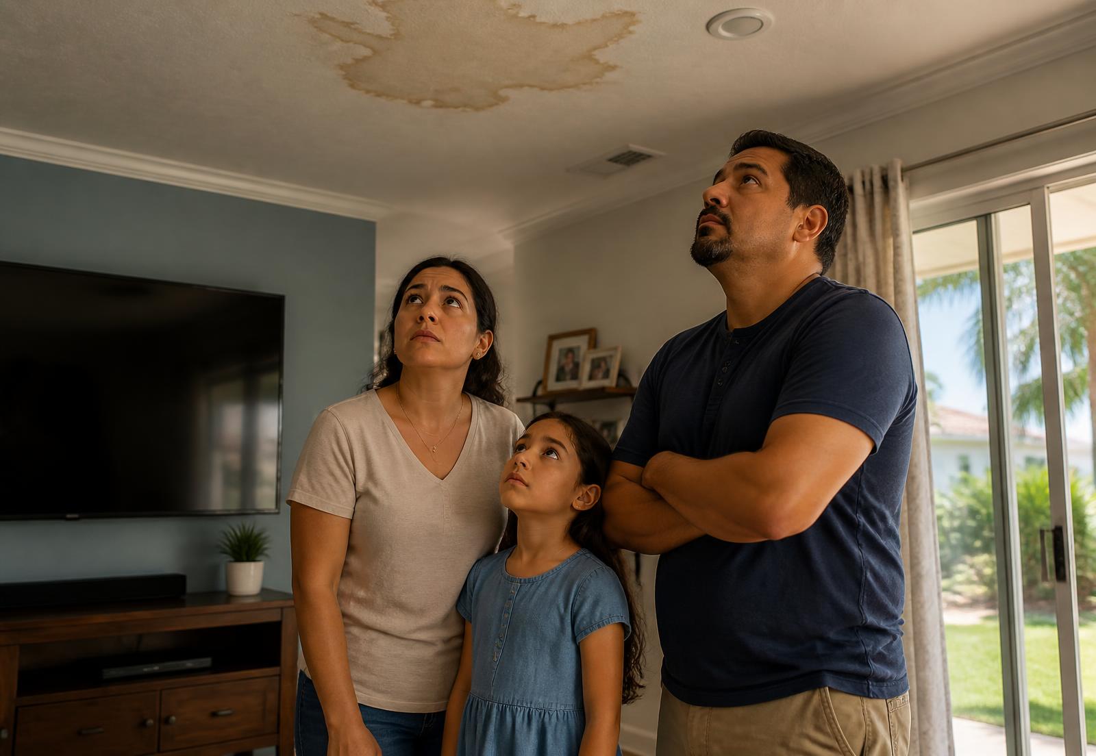 Hispanic family looking up at a water stain on their living room ceiling in a South Florida home